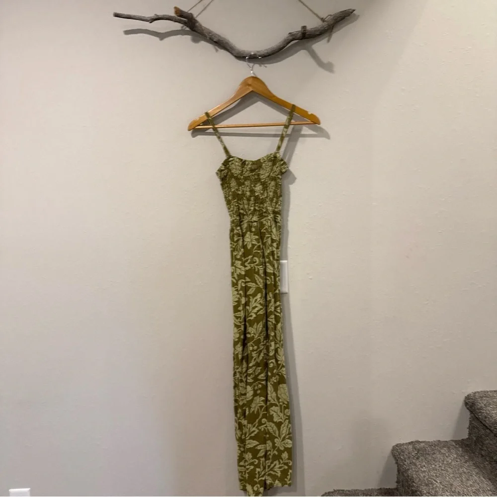 Anthropologie Pilcro Smocked Printed Linen Jumpsuit in Moss - Picture 6 of 9